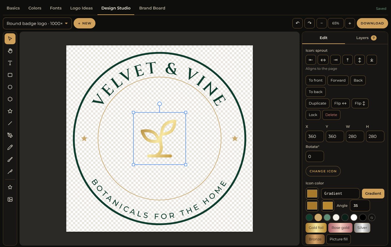 The Brand It Like a CEO design studio editing a round badge logo for a sample brand called Velvet & Vine, with a gold foil sprout icon