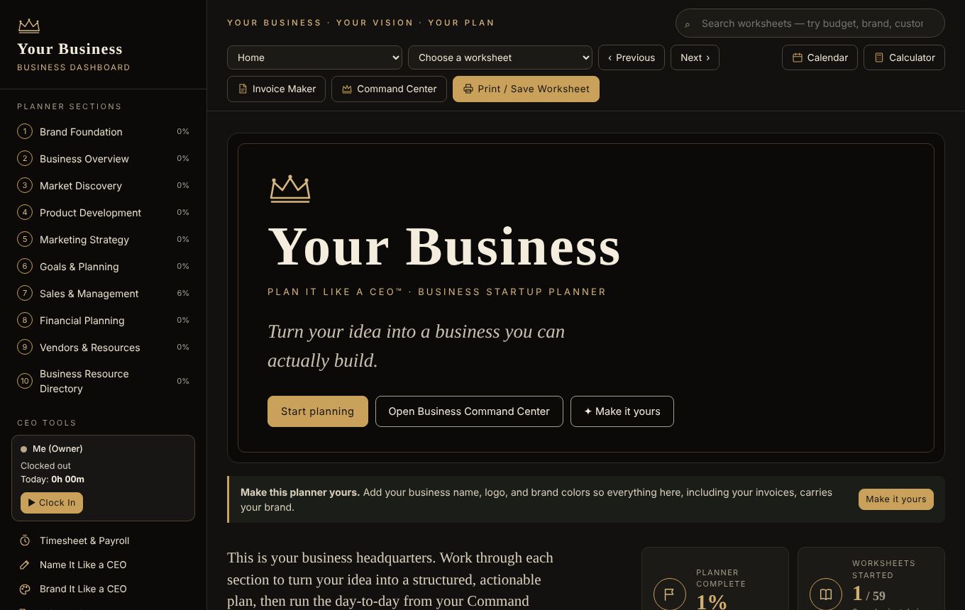 The Plan It Like a CEO planner home screen with its ten planning sections